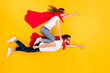 Top view above high angle flat lay flatlay lie view concept of her she his he focused strong successful people flying to goal isolated on bright vivid shine vibrant yellow color background