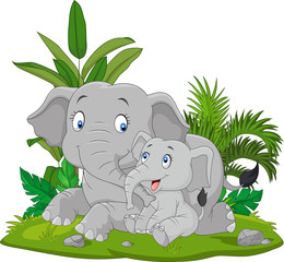 Wall Mural - Cartoon Mother and baby elephant in the grass