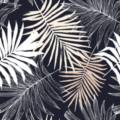 Wall Mural - Exotic foliage in silhouette and outline shapes seamless pattern