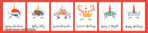 Collection of Christmas cards with different cute unicorn faces, in Santa Cla...