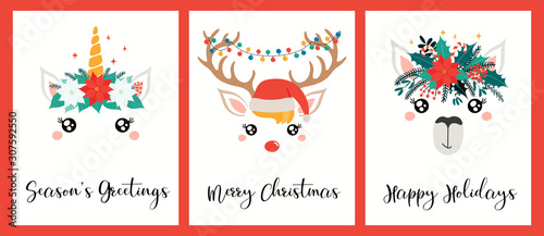 Collection of Christmas cards with different cute unicorn, llama, reindeer fa...