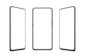 Fototapete - Isolated smart phone in three positions. Front, left and right side. Isolated screen for mockup, app or web site promotion. Modern mobile phone with thin edges