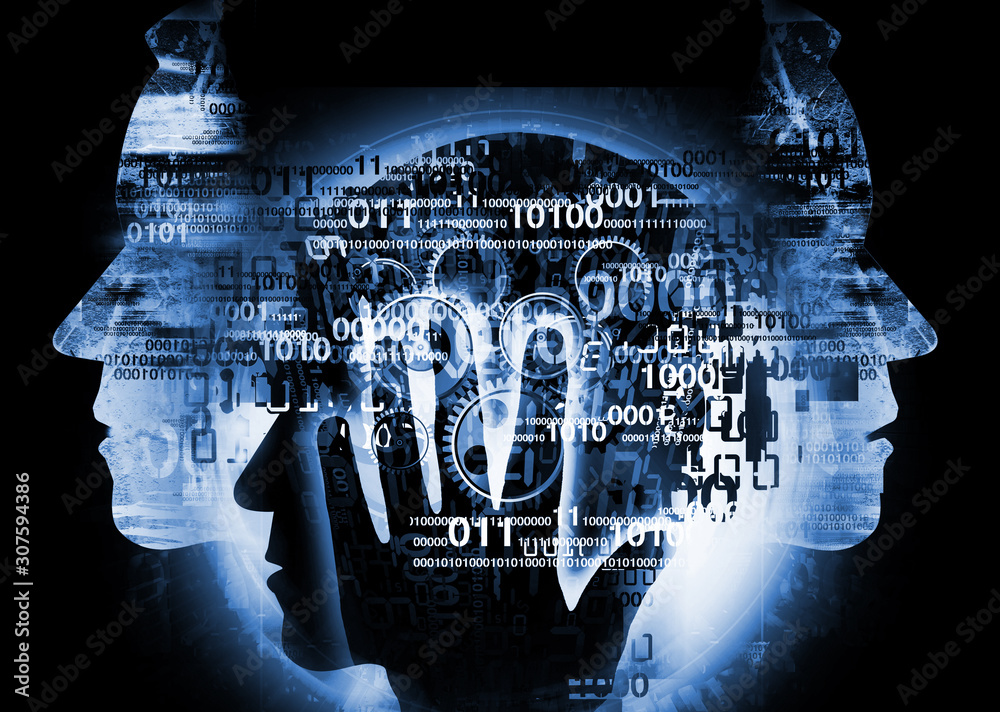 Stylized Computer Code Computer specialists, programmer, hacker. Three Stylized male heads ...