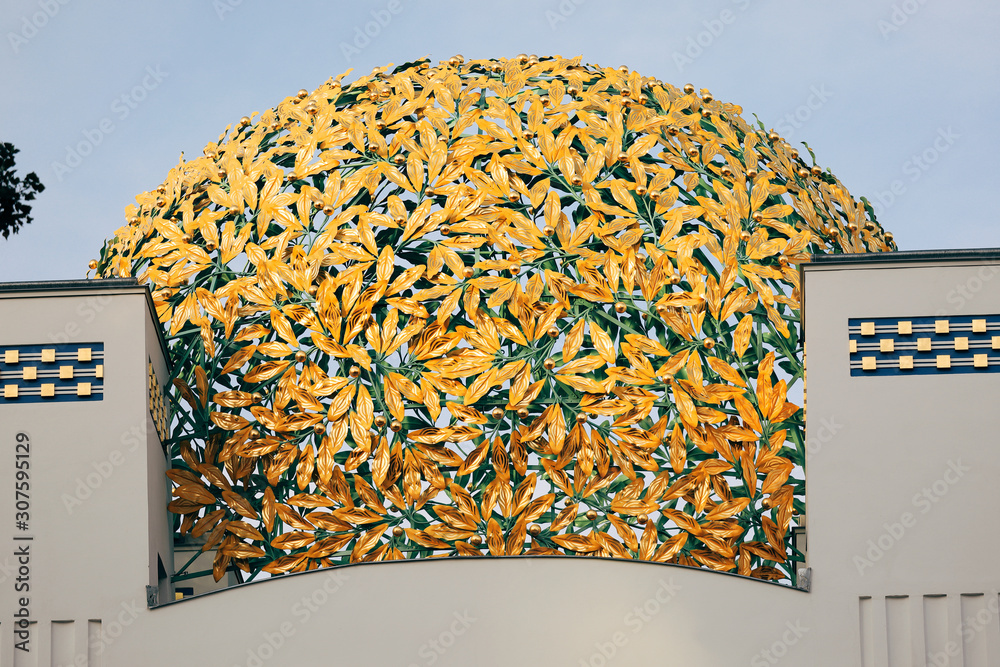 Vienna, Austria - 22 September 2019: Gilt laurel leaves on the golden dome Secession Building