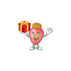 Sticker - Mascot of red christmas bulb character up a gift