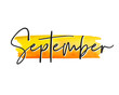 September Month on Watercolor Background for Calendar 2020, Diary, Planner. Isolated Single Word September on the White Background.