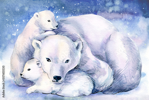 Naklejka dekoracyjna polar bear with teddy bear, watercolor illustration