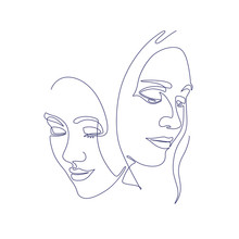 Continuous Line, Two Women Faces. Abstract, Modern Art. Fashion Concept, One Line Drawing For Use In Design.
