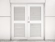 window with white shutters.The louver wooden white door is locked with the white wall. Door with horizontal vents.