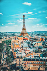 Fototapete - PARIS, FRANCE- JULY 06, 2016 : Beautiful panoramic view of Paris from the roof of the Triumphal Arch. View of the Eiffel Tower.