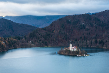 Island in Lake Bled. Dreamlike atmosphere for the Church of S. Maria Assunta. slovenia