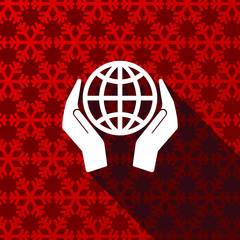 Poster - Hand protect the earth flat design christmas and winter concept vector icon with snowflakes