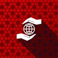 Poster - Hand protect the earth flat design christmas and winter concept vector icon with snowflakes