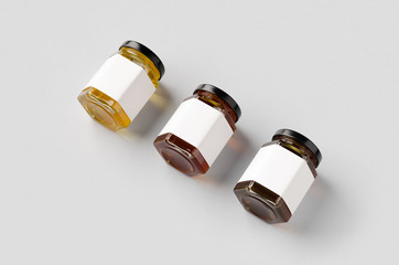 Wall Mural - Hexagonal honey jars mockup with blank label. Three different colors.