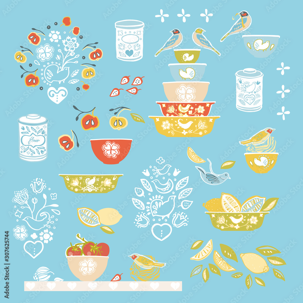 Retro happy kitchen folk art vector ilustration set. Icon set. Colorful vintage  kitchen utensil folk art style on blue backgroud. Fabric, wallpaper,  packaging, print. Hipster vintage kitchen design. Stock Vector | Adobe, image size:1000x1000