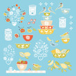 © Corpholia Design  - Retro happy kitchen folk art vector ilustration set. Icon set. Colorful vintage kitchen utensil folk art style on blue backgroud. Fabric, wallpaper, packaging, print. Hipster vintage kitchen design.