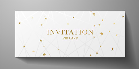 Luxurious VIP Invitation template with  lines, golden stars on white background and gold text. Premium class design for Gift certificate, Voucher, Gift card 