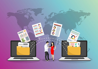 Wall Mural - File transfer. Two laptops with folders on screen and transferred documents. Copy files, data exchange, backup, PC migration, file sharing concepts. Flat design graphic elements. Vector illustration