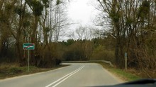 An Asphalt Road Surrounded By Bare Trees Captured From A Moving Car.