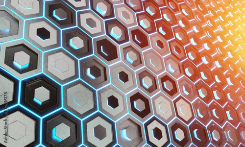 Glowing black blue and orange hexagons background pattern on silver metal sur...