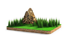 Isle. A Piece Of Land With Mountains And Conifers. 3d Illustration