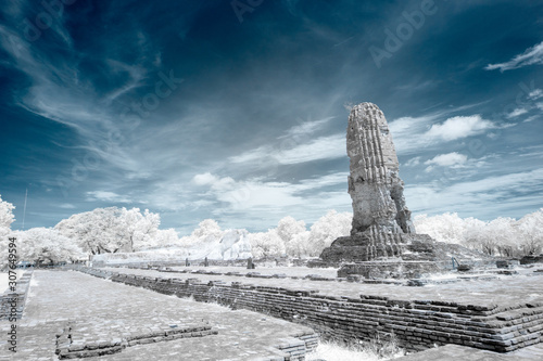 Fotomural Ruined ancient Buddhist temple and pagoda in infrared photography