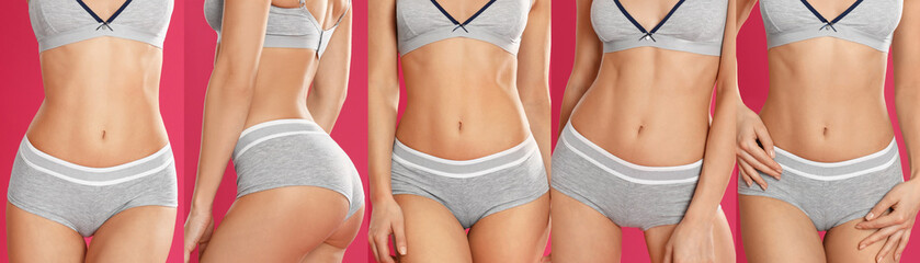 Sticker - Collage of young woman in grey sportive underwear on pink background, closeup