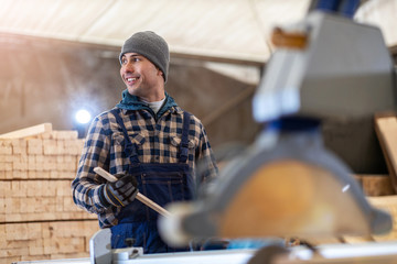 Wall Mural - Young male worker in timber warehouse 