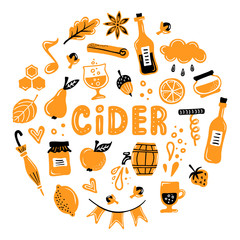 Wall Mural - Round frame on the theme of cider, autumn festivals and tastings. Vector pattern of hand-drawn elements. Flat style flyer with lettering.