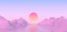 Abstract Vaporwave Landscape With Sun Rising Over Pink Mountains And Sea On Calm Pink And Blue Background
