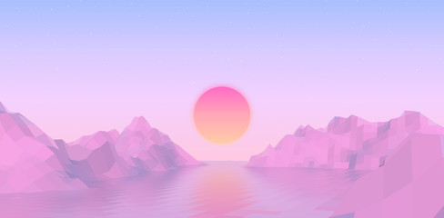 Aufkleber - Abstract vaporwave landscape with sun rising over pink mountains and sea on calm pink and blue background