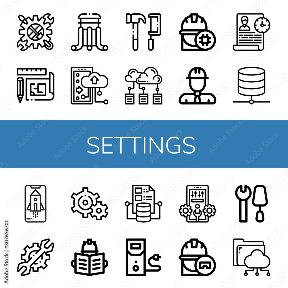 Set of settings icons such as Tool, Blueprint, Slider, Cloud storage, Tools, Cloud computing, Engineer, Time management, Database, App, Setting, Settings, Case data , settings - obrazy, fototapety, plakaty 