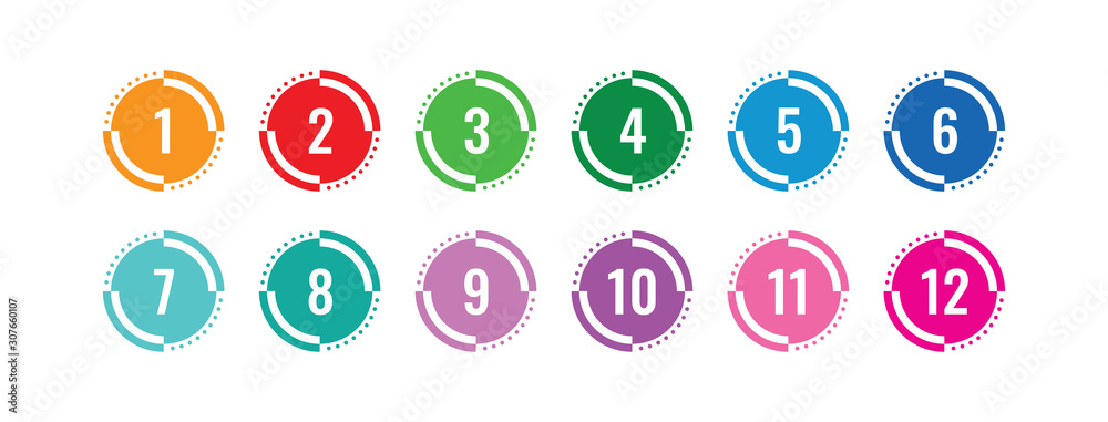 colorful 1-12 numbers. numbers in circle. colored buttons and numbers - obrazy, fototapety, plakaty 