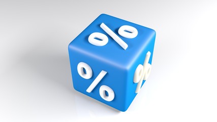 Poster - Blue cube with percent sign, on white background - 3D rendering illustration