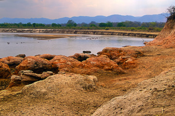 Wall Mural - Evening photo of Luangwa River, South Luangwa National Park border. HDR photo.African river with hippos.