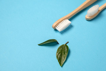 Two wooden bamboo eco friendly toothbrushes and green leaf on blue background. Dental care and zero waste concept. Flat lay, top view, copy space