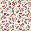 Watercolor seamless pattern with Christmas trees branches and berries on a white background with gifts,stars,christmas toys.Christmas background for wrapping paper,greeting cards and scrapbooking.