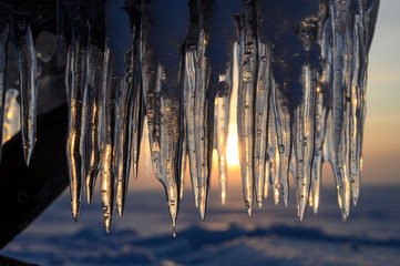 Wall Mural - icicles on the shore of a frozen lake at sunset.