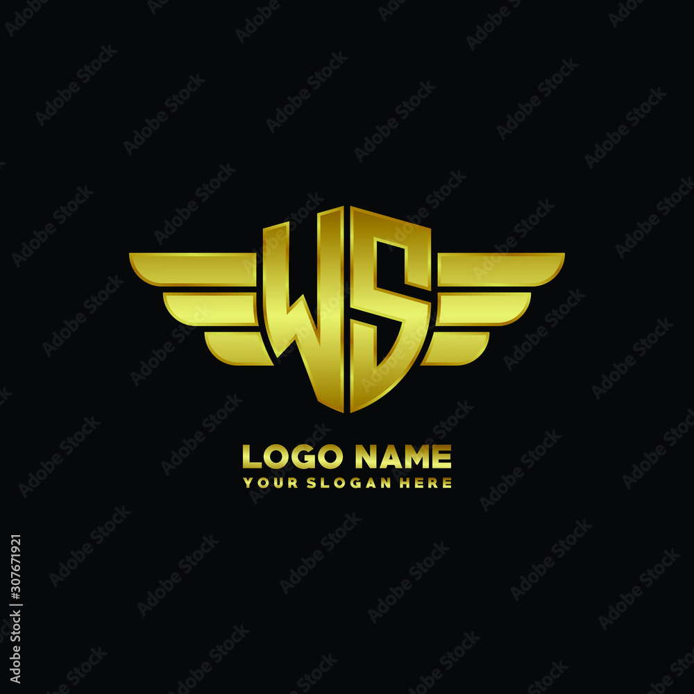 initial letter WS shield logo with wing vector illustration, gold color ...