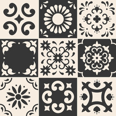 Mexican talavera pattern. Ceramic tiles in traditional style from Puebla. Mexico floral mosaic in blue and white. Folk art design.