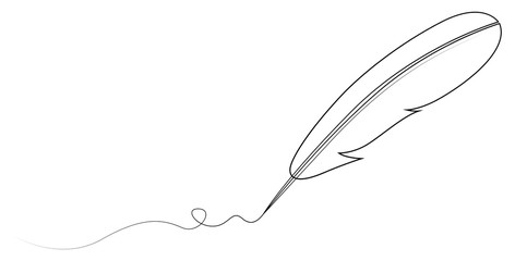 Single continuous line drawing of fether or quill pen. Retro handwriting concept one line draw design illustration