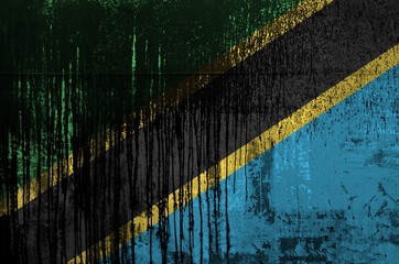 Wall Mural - Tanzania flag depicted in paint colors on old and dirty oil barrel wall closeup. Textured banner on rough background