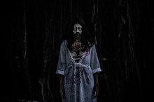 Portrait Of Asian Woman Make Up Ghost Face With Blood,Horror Scene,Scary Background,Halloween Poster,Thailand People