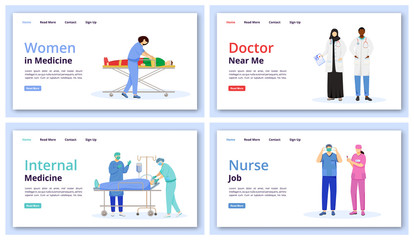 Poster - Healthcare and medicine landing page vector template set. Doctor near me website interface idea with flat illustration. Internal medicine homepage layout. Nurse job web banner, webpage cartoon concept