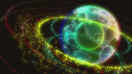 Wall Mural - digital globe with star dust rings on a nebula background. 3d animation of space with digital explod