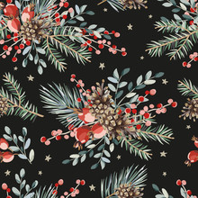 Christmas Seamless Pattern, Red Berries, Green Fir, Pine Twigs, Cones Bouquets, Stars, Black Background. Vector Illustration. Nature Design. Season Greeting. Winter Xmas Holidays