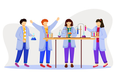 Fototapete - Science lesson flat vector illustration. Studying medicine, chemistry. Conducting experiment. Children in lab coats with test tubes, laboratory flasks isolated cartoon characters on white background