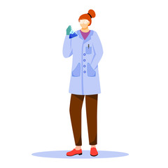 Fototapete - Scientist in lab coat with protection glasses flat vector illustration. Studying medicine, chemistry. Conducting experiment. Woman with laboratory flask isolated cartoon character on white background