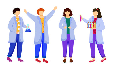 Fototapete - Science students in lab coats flat vector illustration. Studying medicine, chemistry. Conducting experiment. Children with test tubes, laboratory flask isolated cartoon characters on white background