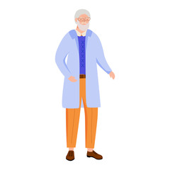 Fototapete - University chemistry professor flat vector illustration. Elderly man in blue lab coat. Old scientist wearing glasses. School science teacher isolated cartoon character on white background